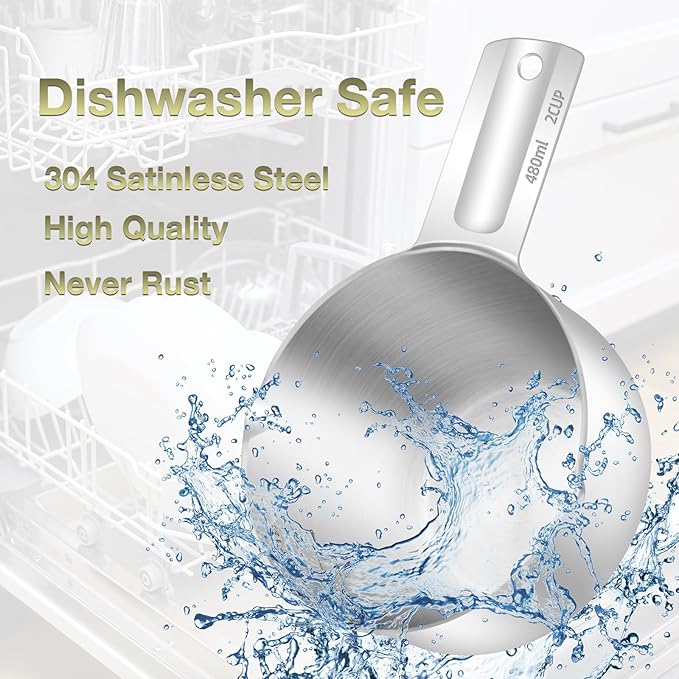 1PCS 2Cup (480ml, 16oz) Single Measuring Cup, Etched Inner Scale Stainless Steel Measure Scoop, Metric and US Measurement, Dishwasher Safe
