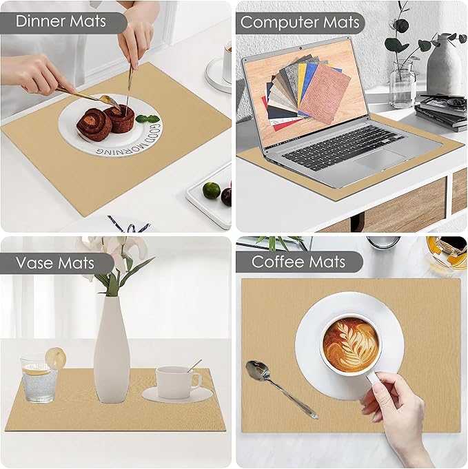 Croissant Brown Placemats Set of 6, Cotton Ribbed Tabletop, Non-Slip Wrinkle Free Kitchen Table Mats for Dining Table, 13x19 Inch