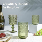 Joeyan Small Green Drinking Glasses,Vintage Embossed Floral Water Glass Tumbler Cups,Colored Beverages Cocktail Juice Wine Glassware,9 oz,Set of 4,Dishwasher Safe