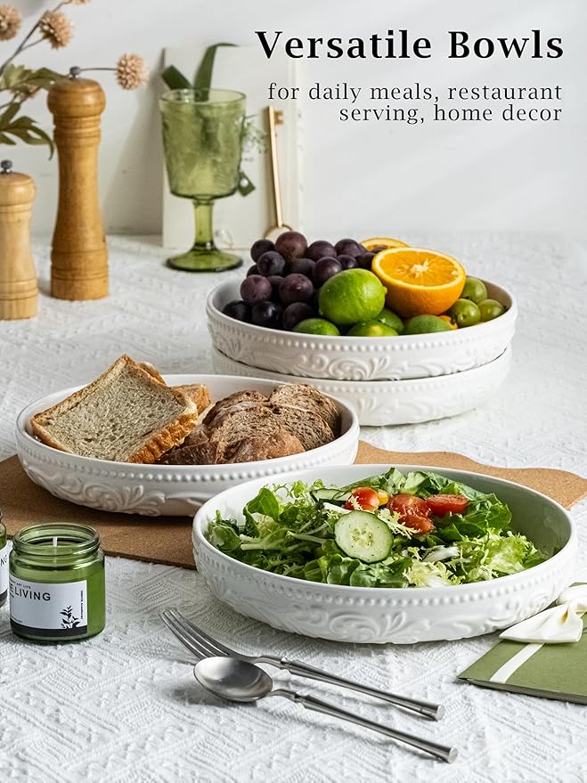 YHOSSEUN 9.75" Pasta Bowls Set of 4, 50 OZ Large Salad Bowl Pasta Plates, Ceramic Serving Bowl Plate White Soup Bowls, Embossed Morning Glory