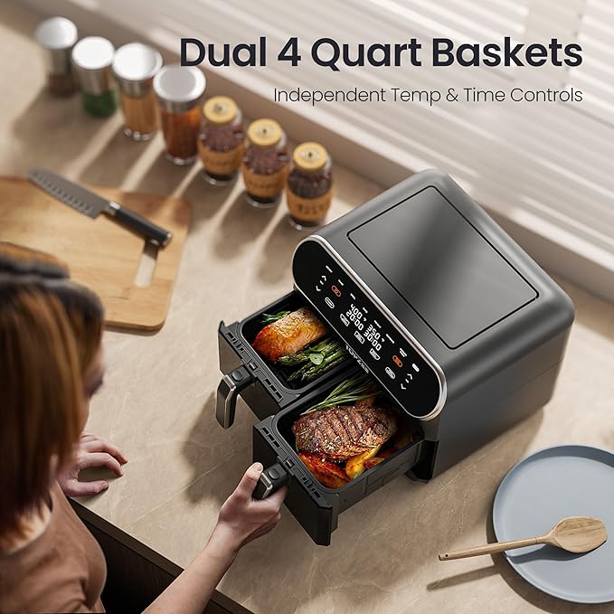 8 Quart Large Air Fryer - Dual Basket Airfryer with Easy View Windows, Preheat, Air Fry, Roast, Broil, Bake, Dehydrate, 2 Independent 4 QT Nonstick Dishwasher Safe Baskets, Black