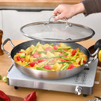 Inqibee 13-Incn Hybrid Tri-Ply Stainless Steel Ceramic Non Stick Paella Pan with Lid,Griddle,Large Skillet,Induction Cooking Pan,Dishwasher and Oven Safe