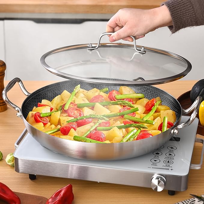 Inqibee 13-Incn Hybrid Tri-Ply Stainless Steel Ceramic Non Stick Paella Pan with Lid,Griddle,Large Skillet,Induction Cooking Pan,Dishwasher and Oven Safe