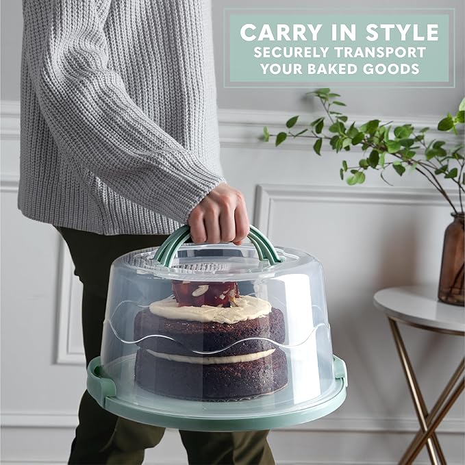 MosJos EXTRA LARGE Cake Carrier, Cake Stand with Lid and Foldable Handles - Multifunctional Serving Platter and Cake Plate - Cake Container with Dome and Strong Snaps 13 x 13 x 7 inch (Green)