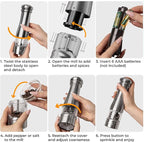 Premium Electric Salt and Pepper Grinder Set - Stainless Steel Battery Salt and Pepper Grinder Set with Adjustable Coarseness & Warm White Light - Automatic Spice Mill Shakers