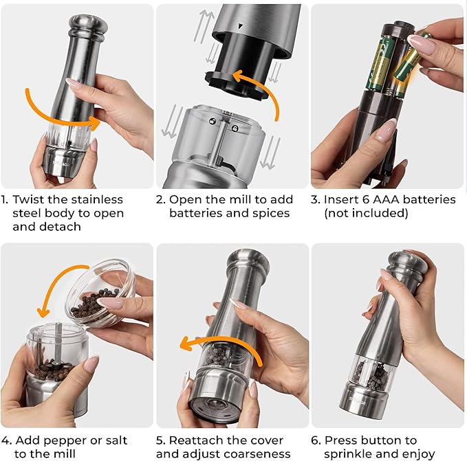 Premium Electric Salt and Pepper Grinder Set - Stainless Steel Battery Salt and Pepper Grinder Set with Adjustable Coarseness & Warm White Light - Automatic Spice Mill Shakers