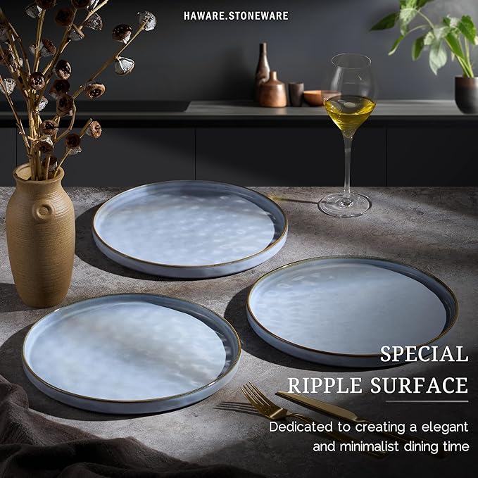 HaWare Stoneware Dinner Plates Set of 6, 10" Heavy Duty Ceramic Plate, Reactive Glaze Ripple Dinnerware for Home Restaurant, Chip and Scratch Resistant, Microwave and Dishwasher Safe, Reactive Blue