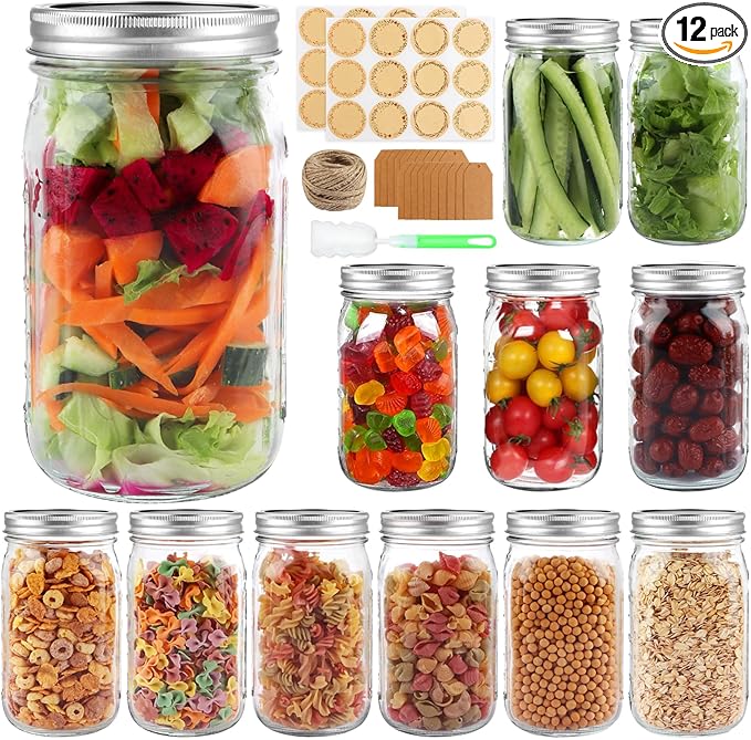 Wide Mouth Mason Jars 32 oz with Airtight Lids and Bands, 12 Pack Quart Canning Jars, Clear Glass Mason Jars for Canning, Pickling, Preserving, Meal Prep, DIY Projects