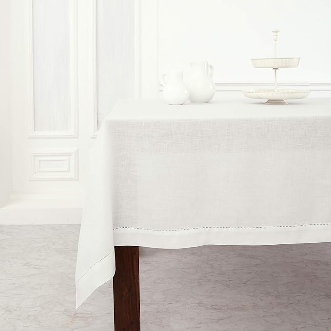 Solino Home Linen Tablecloth for Rectangle Tables 60 x 126 Inch - Classic Hemstitch 100% Pure Linen White Table Cloth - Machine Washable Cloth Tablecloth for Summer, Fall, Autumn, Halloween