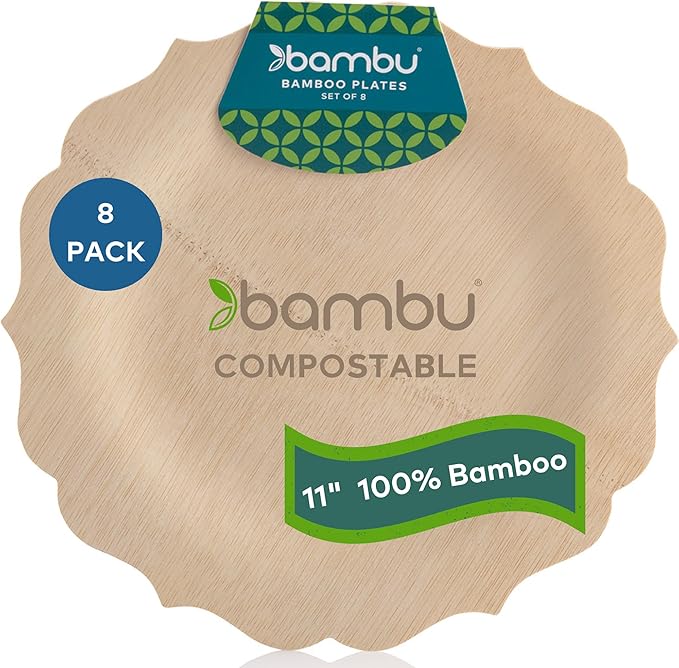 Bambu Pack of 8 - 11 Inch Disposable Bamboo Plates Fancy, Biodegradable Eco Friendly Products, Bamboo Disposable Plates for Events, Compostable Plates