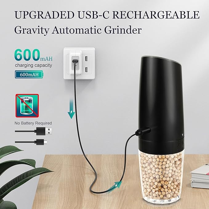Gravity Electric Salt and Pepper Grinder, Automatic Pepper Mill, USB Rechargeable, Adjustable Coarseness, One-handed Operation, Ceramic Burr, Refillable, Auto Grinders with LED Light
