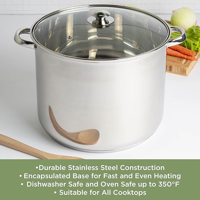 Ecolution Stainless Steel Stock Pot, Encapsulated Induction Ready Cooking Pot with Glass Lid, Oven Safe, Dishwasher Safe Soup Pot, 20-Quart