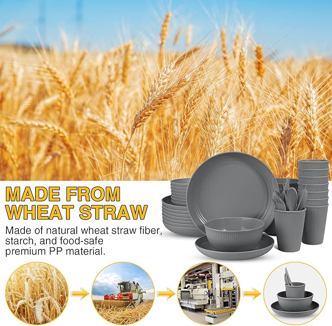 LAERJIN 56 Piece Wheat Straw Dinnerware Sets,Unbreakable Reusable Dinnerware Set,Dishwasher & Microwave Safe Plates and Bowls Sets, for Apartment Essentials, Outdoor Camping, Gray