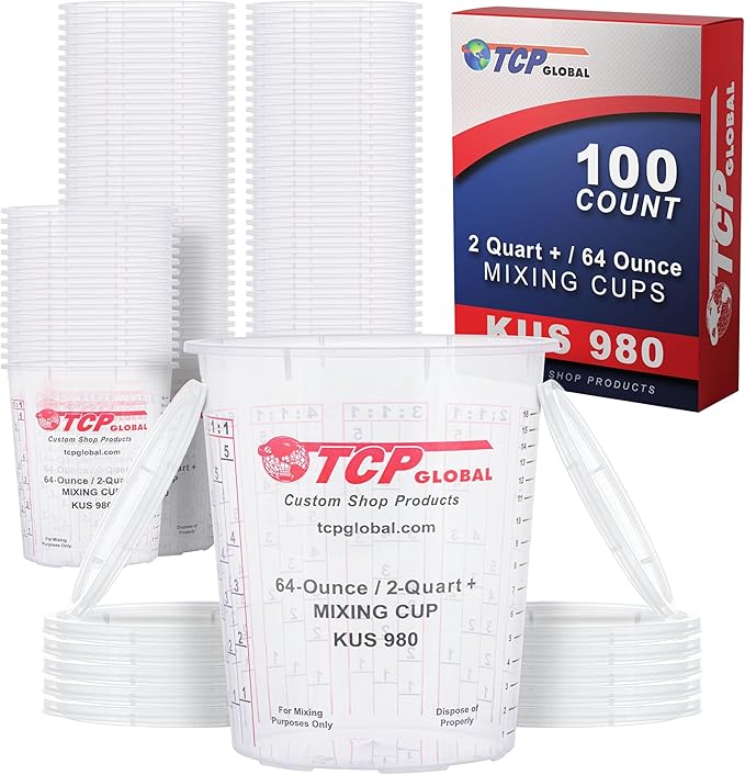 Custom Shop Paint Mixing Cups, 64-Ounce (Box of 100) - Plastic Measuring Cups for Liquids, Automotive Painting, Epoxy Resin, Acrylic Arts, Crafts, Disposable or Reusable, Graduated, Mixing Ratios