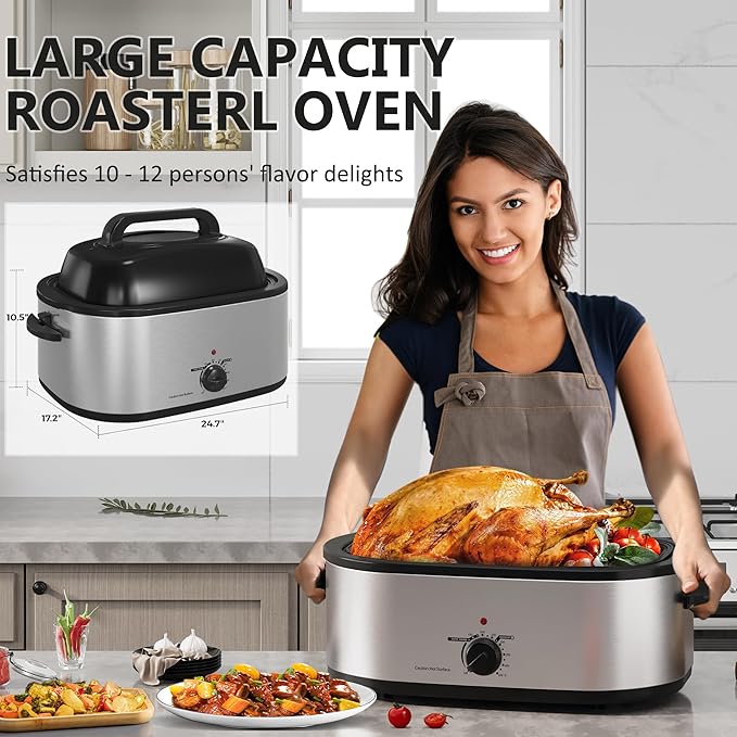 SUNVIVIPRO Roaster Oven 28 Quart, Electric Turkey Roaster with Self-Basting Lid, Removable Pan & Rack, Variable Temp Control, Stainless Steel Silver