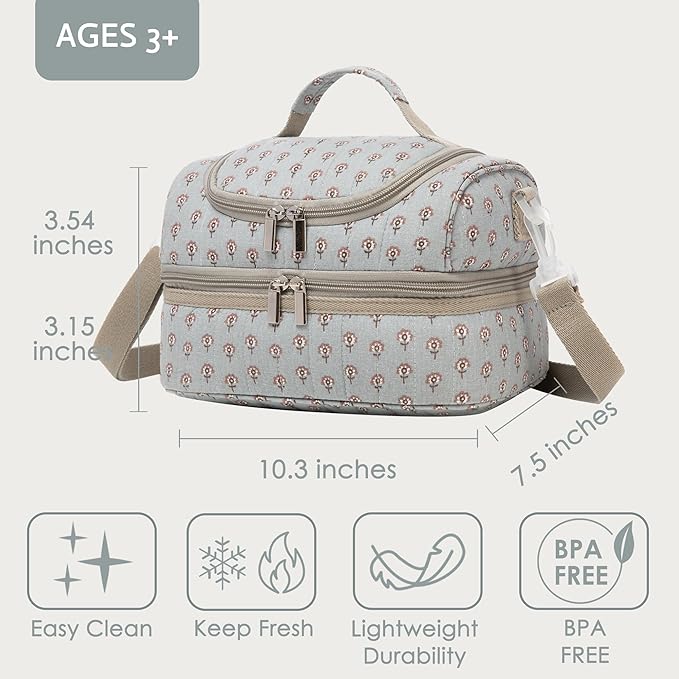Insulated Kids Dual Compartment Lunch Bags Tote for Girls Boys Toddler Lunch Boxes Pre-School Toddler Kindergarten Picnic Camp Food Cooler Thermal with Strap (Z Blue Floral)