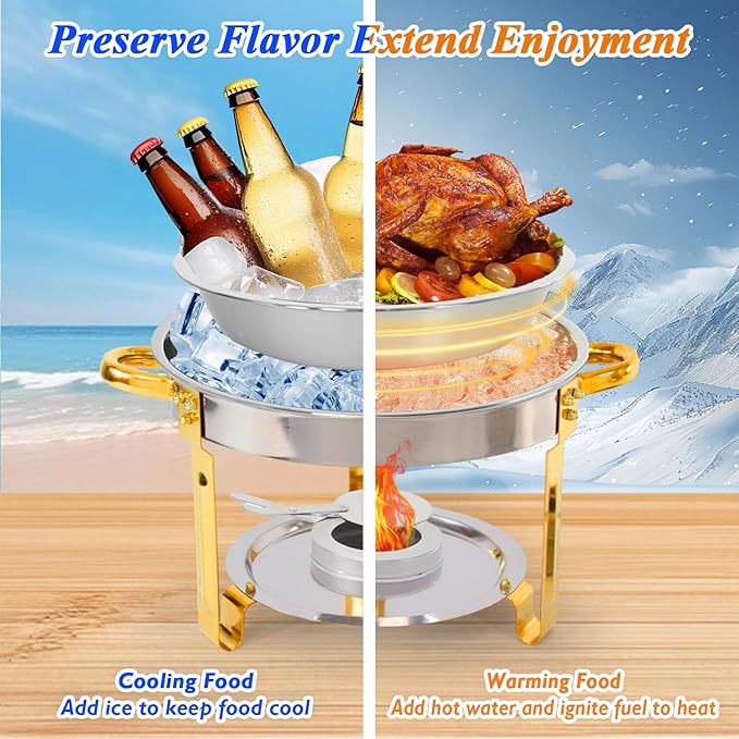 2-Pack Round Chafing Dishes for Buffet, 5QT Stainless Steel Buffet Chafing Set for Catering, Parties & Events