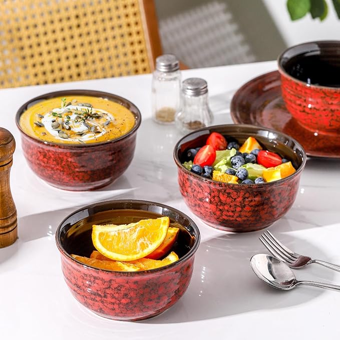 MEKY 20 Ounces Soup Bowls, Ceramic Cereal Bowls Set of 6, Microwave & Dishwasher Safe, Snack Bowls for Kitchen, Ideal for Pasta, Salad, Rice, Oatmeal(Red)