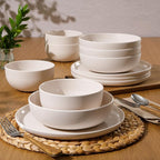 Gibson Home Candy Skies 12 Piece Unbreakable Wheat Straw Melamine Plates and Bowls Dinnerware Set - Outdoor, Camping, & Everyday Use - Matte Exterior/Shiny Interior Taupe Cream