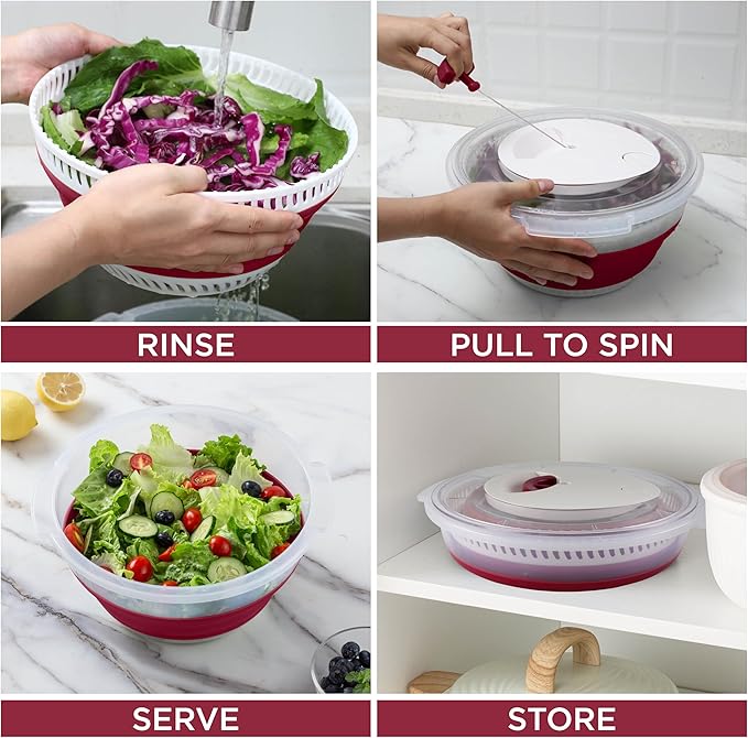 COOK WITH COLOR Collapsible Salad Spinner - 4 QT Space Saving Lettuce Dryer with Folding Collapsible Colander Great for Washing and Drying Fruit and Vegetables (Rose)