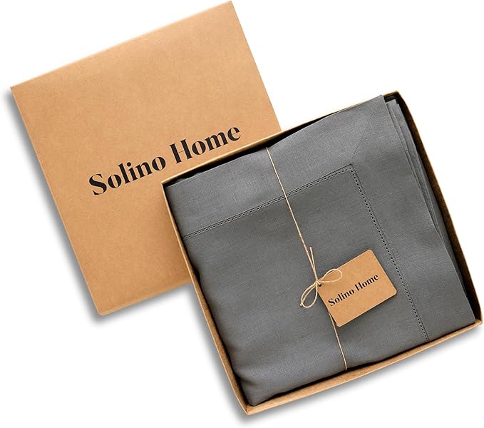 Solino Home Linen Tablecloth 60 x 108 Inch - Classic Hemstitch 100% Pure Linen Steel Gray Table Cloth for Rectangle Tables - Machine Washable Tablecloth for Summer, Fall, Autumn