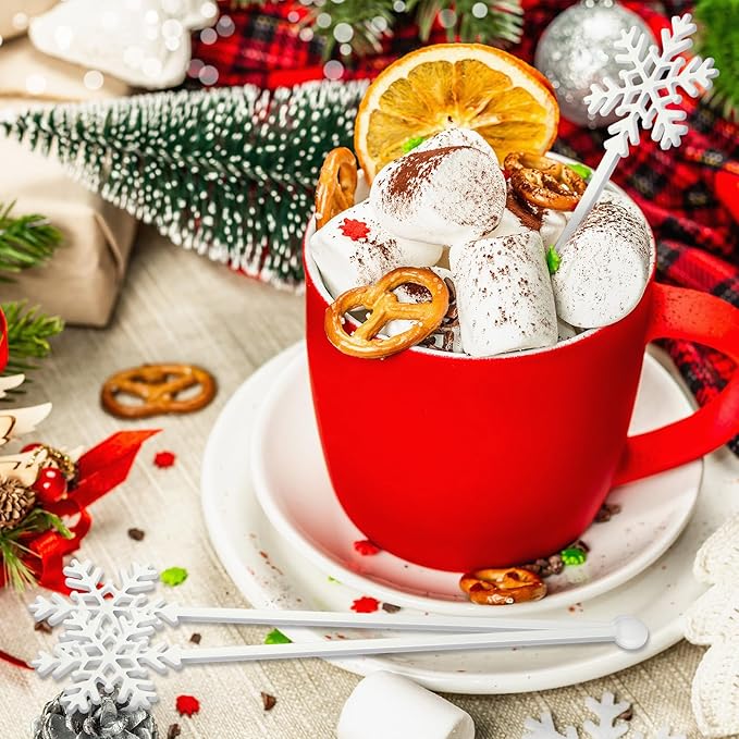 30 Pcs Christmas Drink Stirrers Xmas Stir Stick Holiday Coffee Swizzle Stick Reusable Plastic Hot Cocoa Bar Chocolate Decoration Cocktail Mixer(Snowflake,White)