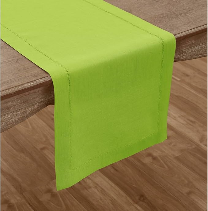 Solino Home Linen Table Runner 120 Inches Long - 100% Pure Linen Lime Green Table Runner 14 x 120 Inch for Summer - Classic Hemstitch