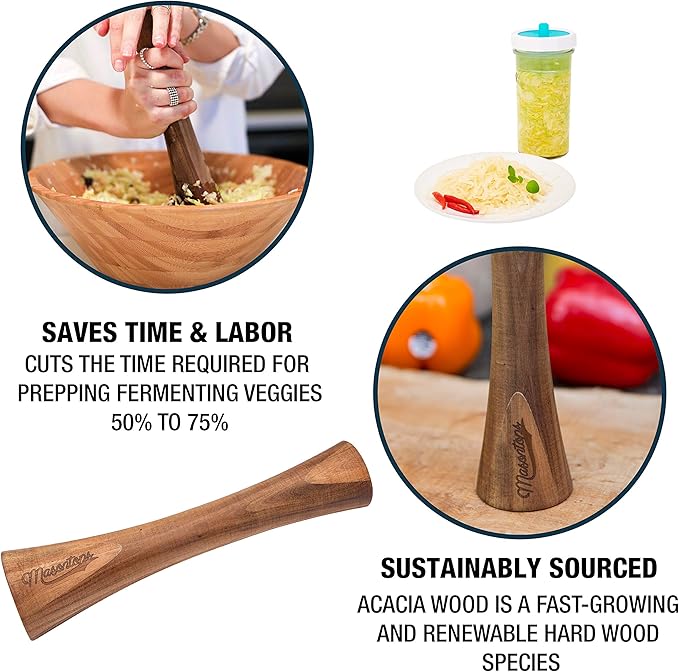 Masontops Pickle Packer - Acacia Wood Vegetable Fermentation Tamper - Cabbage Sauerkraut Pounder - Fermenting Food Tool
