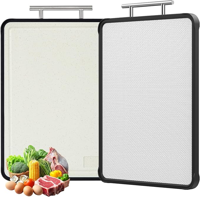 AceFly Stainless Steel Cutting Board, Dishwasher Safe Double Sided 316 Stainless Steel & Wheat Straw Cutting Board for Meat, Scratch Resistant & Non Toxic Chopping Board,Large Size 16" X 11"