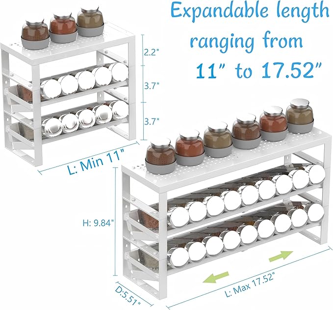 Expandable, Stackable, Adjustable Spice Rack Kitchen Organizer,Metal Pantry Storage Shelves - Multi-Tier Shelf for Cabinet, Countertop, Pantries, Cupboard or Wall Mount,White