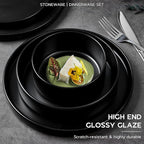 24 Piece Stoneware Dinnerware Sets with Pasta Bowls, Onader Kitchen Dinner Dishes Set for 6, Plates and Bowls Dishware Dining Ware - Ebony Black