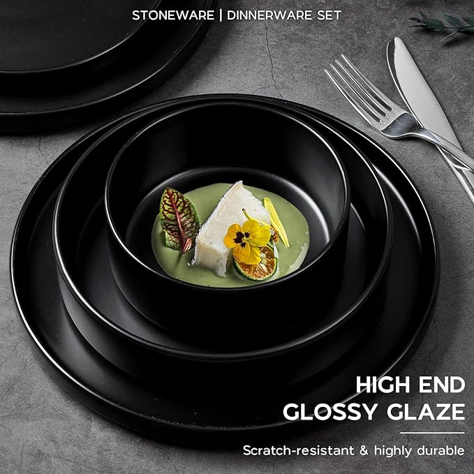 Stoneware Dinnerware Set for 2 with Pasta Bowl, Onader 8 Piece Plates and Bowls Dish Dinner Set, Microwave & Dishwasher Safe - Ebony Black