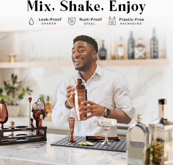 BARE BARREL® Mixology Bartender Kit Bar Set | 16-Piece Cocktail Shaker Set | Martini Barware Mixing Tools for Home Bartending | Incl. 35 Recipe Cards | Gift Set (24oz Cobbler Shaker, Copper/Black)