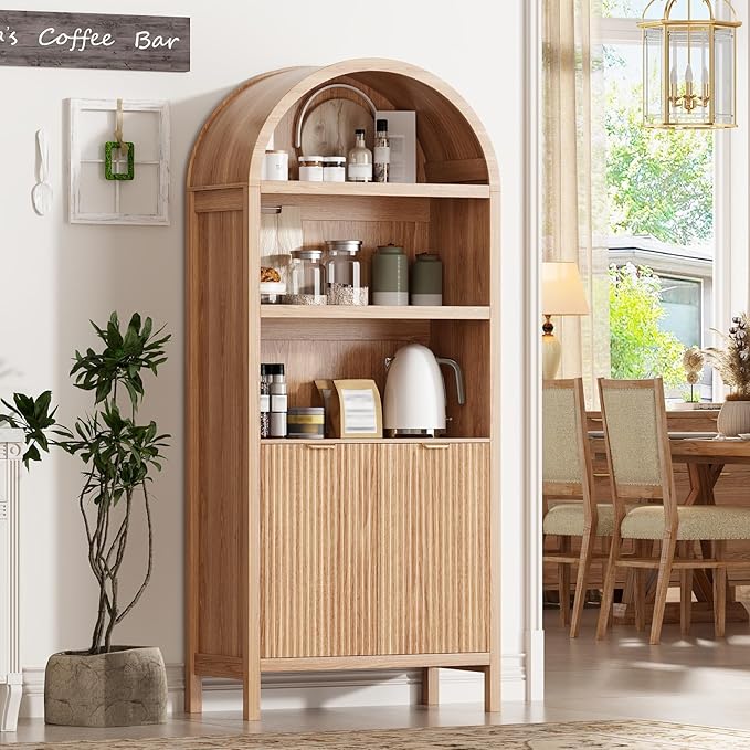 71" Tall Arched Kitchen Pantry,Modern Fluted Wood Storage Cabinet with Doors,Adjustable Shelves,Organizer, Versatile Cupboard for Kitchen,Living Room,Dining Room,Bathroom,Oak1