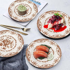 Dinner Plates Set of 6, Ceramic Kitchen Plates Microwave Safe Plates, 10.5 Inch Porcelain Dinner Plates Floral, Brown
