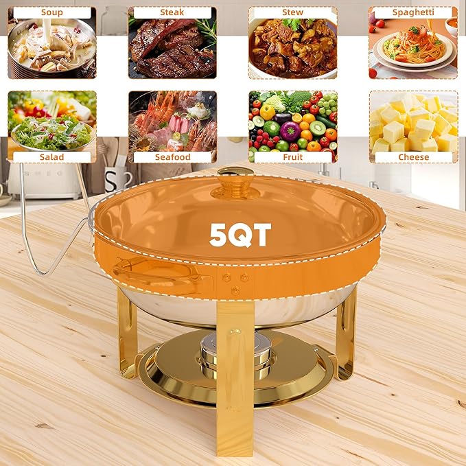 4 Pack Gold Round Chafing Dishes for Buffet, 5 QT Food Warmers and Cold Food Server for Parties, Events Hosting, Family Gatherings, Full Set Catering Supplies with Serving Utensils Accessories