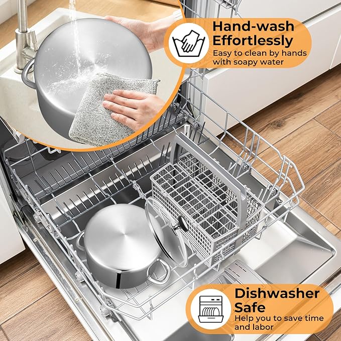 Tri-Ply Stainless Steel Stock Pot, 6.5 Quart Heavy Duty Induction Cooking Pot with Visible Lid for Pasta, Soup, Spaghetti, Sturdy & Double Handle, Dishwasher Safe