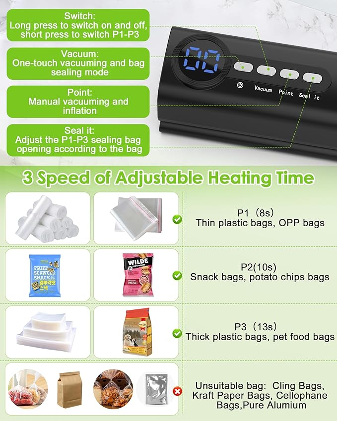 Small Magnetic Vacuum Sealer for Food, 62 Kpa Strong Suction, 3-in-1 Cordless Rechargeable Food Sealer with 1 Vacuum Bag & 4 Snack Bags, Heat Sealer, Inflation Pump for Balls/Swim Ring - Black