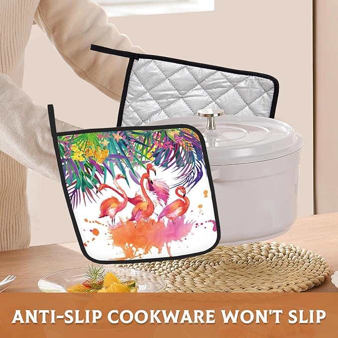 Tropical Palm Pot Holder Set of 2,Flamingo Watercolor Kitchen Heat Resistant Potholder for Women Men BBQ Cooking Baking