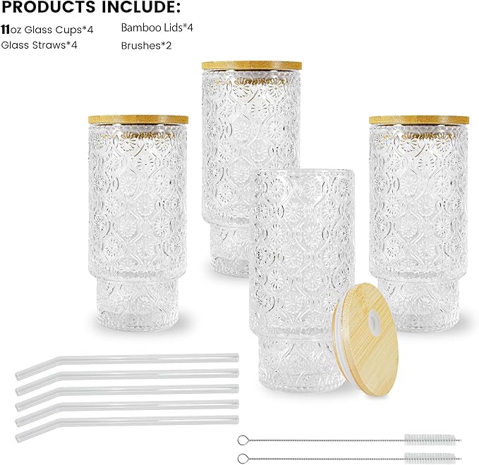 4 Pcs 11oz Drinking Glasses Cups Set with Bamboo Lids Straws Brush Small Embossed Glassware Set for Juice Iced Coffee Cocktail Whiskey(Begonia*4)