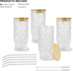 4 Pcs 11oz Drinking Glasses Cups Set with Bamboo Lids Straws Brush Small Embossed Glassware Set for Juice Iced Coffee Cocktail Whiskey(Begonia*4)