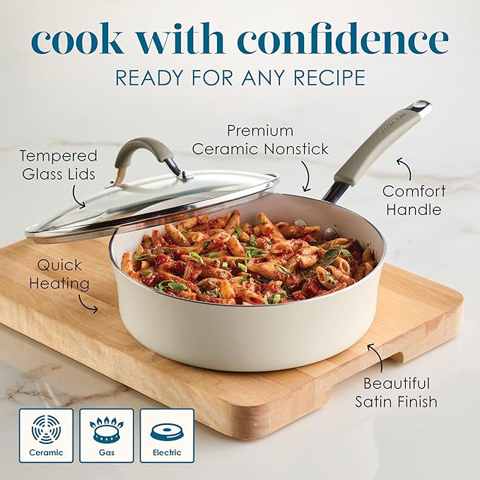 Rachael Ray Cucina Ceramic Nonstick Saute Pan with Lid, 3 Quart Non Stick Sauteuse Pan, Dishwasher Safe - Almond