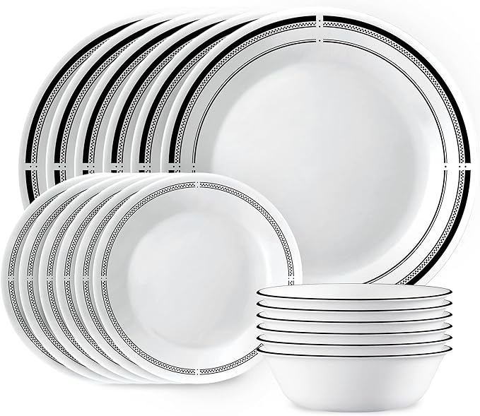 Corelle 18-Piece Round Dinnerware Set Service for 6, Lightweight Round Plates and Bowls Set, Vitrelle Triple Layer Glass, Chip and Scratch Resistant, Microwave and Dishwasher Safe, Brasserie