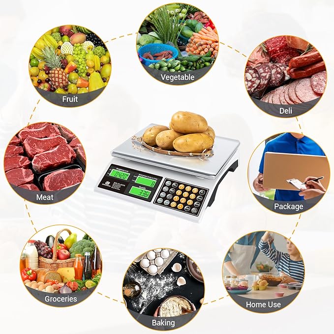 Price Computing Scale, 66lb Digital Commercial Food Meat Produce Weighing Scale with Green Backlight LCD for Farmers Market, Retail Outlets, Dry Battery Powered, Not for Trade