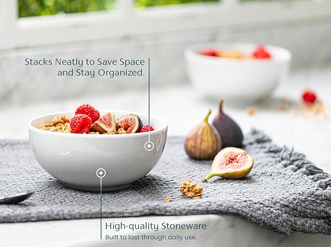 KooK Soup Bowls, Cereal Bowl, Ceramic, Bowls for Kitchen, Microwave, Dishwasher and Freezer Safe, Porcelain Dishes for Pasta, Salad, Oatmeal, Deep Interior, 20 oz, Set of 6, (White)