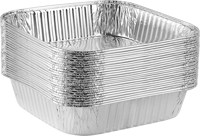 PLASTICPRO Disposable 8'' X 8'' X 2'' Inch Square Aluminum Tin Foil Baking Pans Bakeware - Cookware Perfect for Baking Cakes, Breads, Brownies, Bread, Meatloaf, Lasagna, Pack of 25