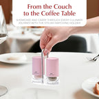 Signature Petal Pink Salt and Pepper Shakers with Holder - Elegant Stainless Steel Salt Shaker and Pepper Shaker Set with Acrylic Holder for Kitchen Counter or Restaurant Table (2-Piece Set)