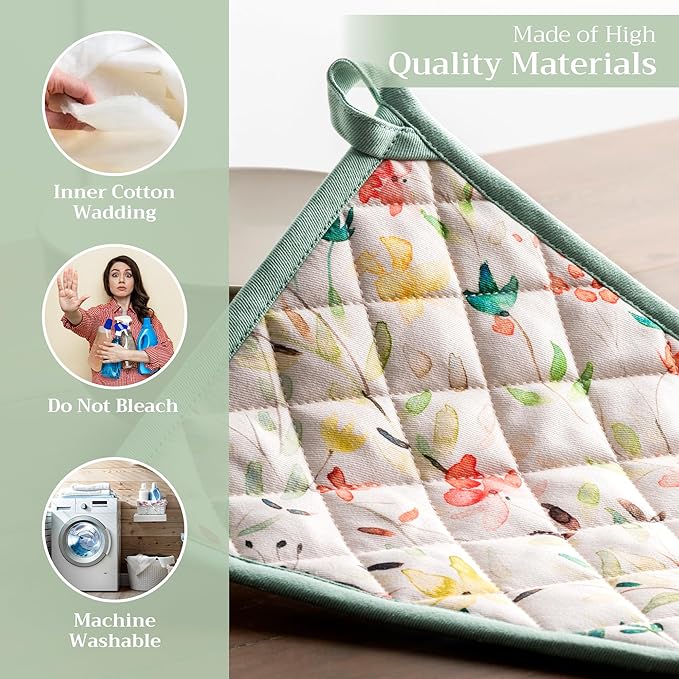Maison d'Hermine Pot Holders 100% Cotton Heat Resistant Potholders 8" x 8" Hot Pads with Loop BBQ, Cooking, Baking, Grilling, Kitchen, Handling Hot Pans Spring/Summer (Pack of 1, Colmar)