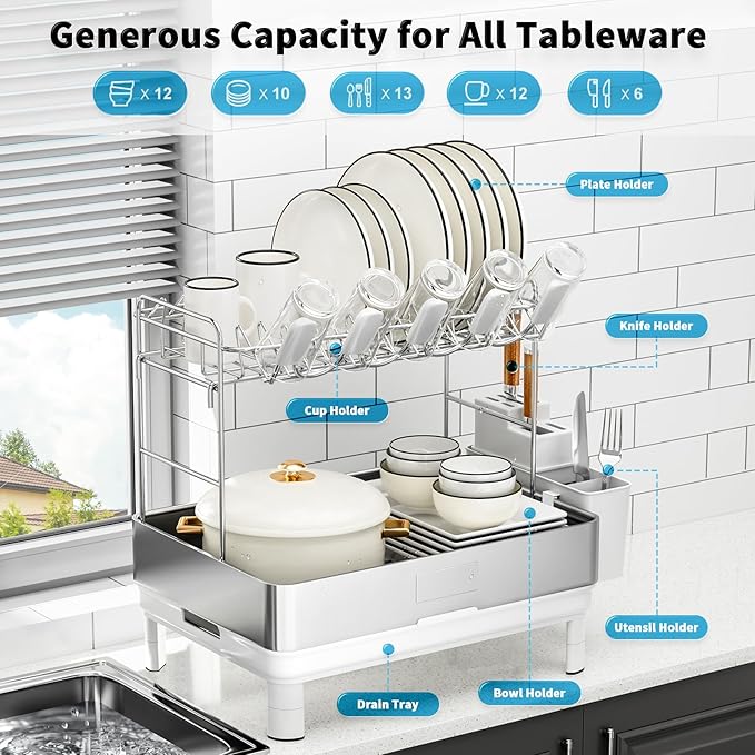 Dish Drying Rack, 2 Tier Large Dish Rack, Stainless Steel Dish Drainer for Kitchen Counter, Dishes Rack with Automatic Drainage, Utensil Holder,Cups Holder,Space Saving Kitchen Organizer,White