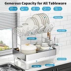 Dish Drying Rack, 2 Tier Large Dish Rack, Stainless Steel Dish Drainer for Kitchen Counter, Dishes Rack with Automatic Drainage, Utensil Holder,Cups Holder,Space Saving Kitchen Organizer,White